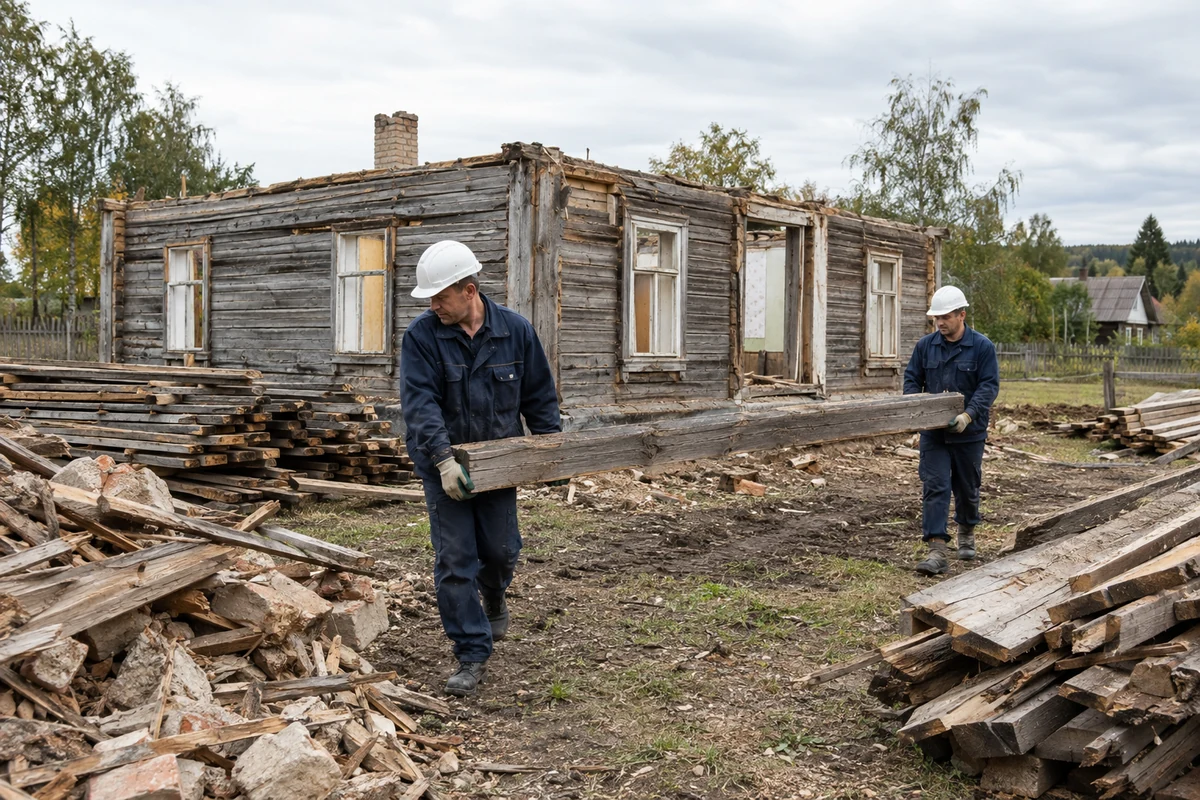 Рабочие переносят деревянную балку при разборке старого дома