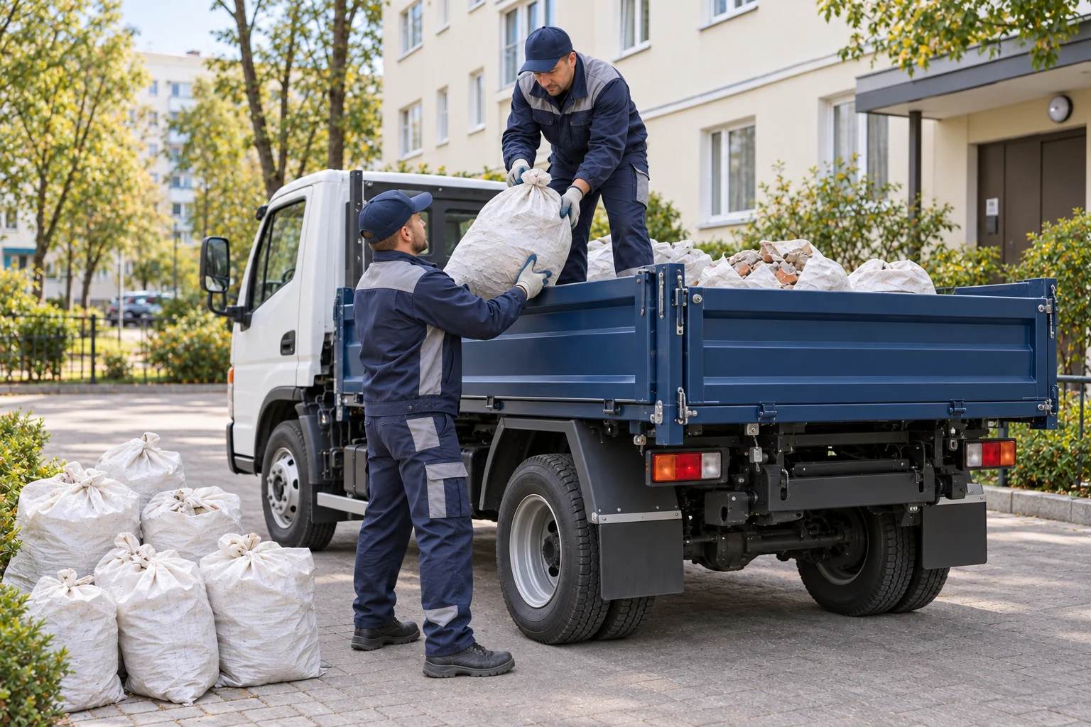 Двое рабочих в аккуратной спецодежде загружают мешок с мусором в чистый бортовой грузовик
